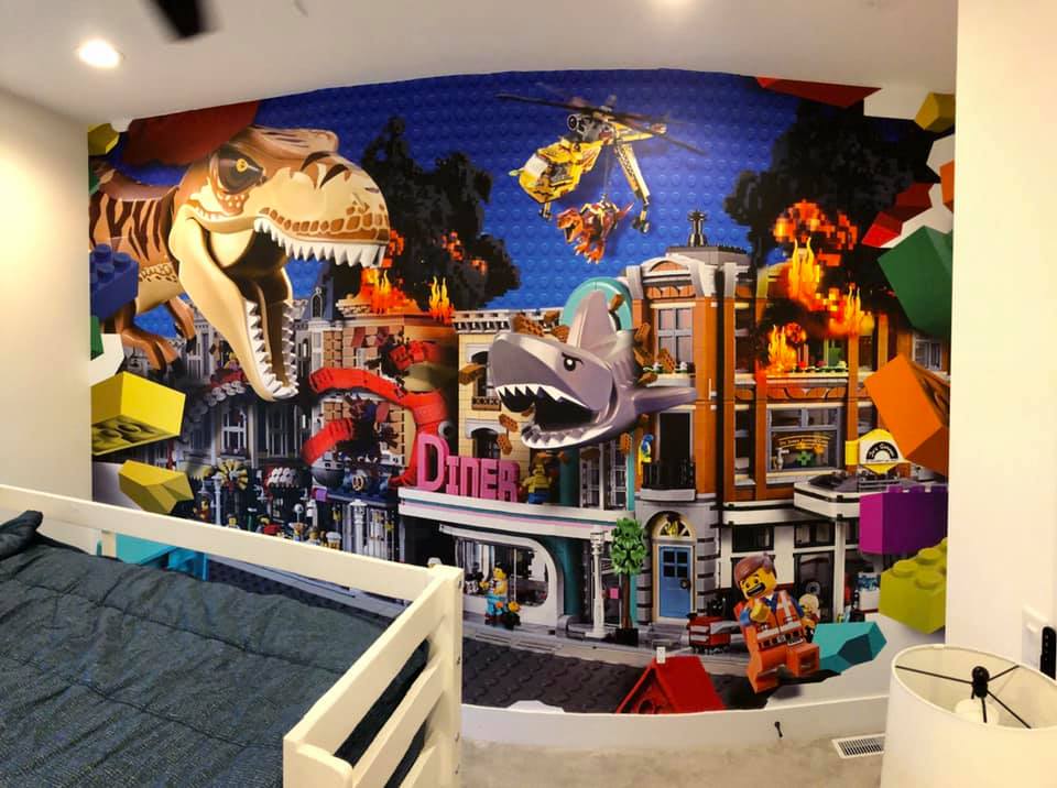 Graphics banner of cartoons on wall