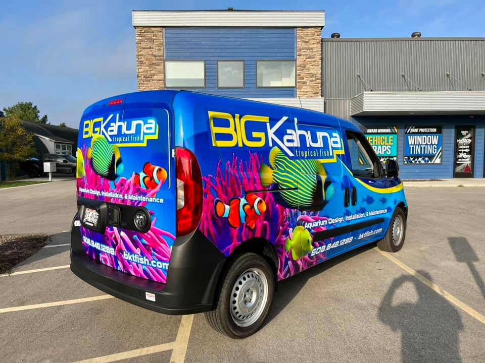 A brightly colored van with BIG Kahuna tropical fish and underwater scenes advertises aquarium design, installation, and maintenance services—an eye-catching way to promote your business with fleet graphics.