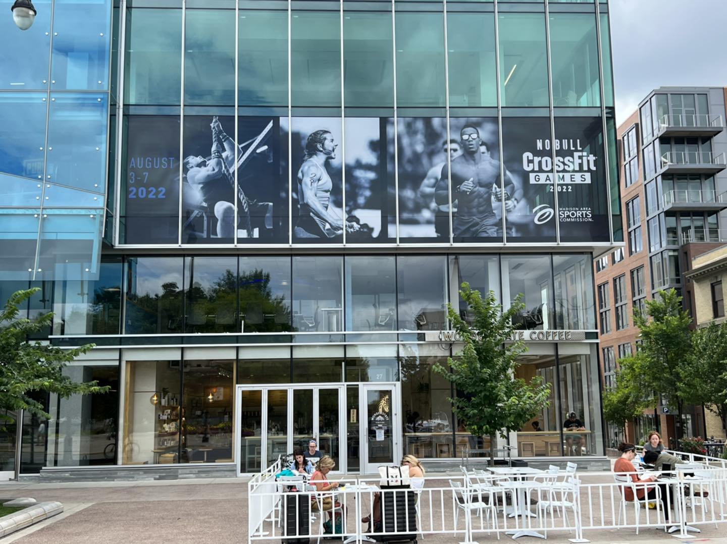 Glass film banner for CrossFit games on a building promoting the event