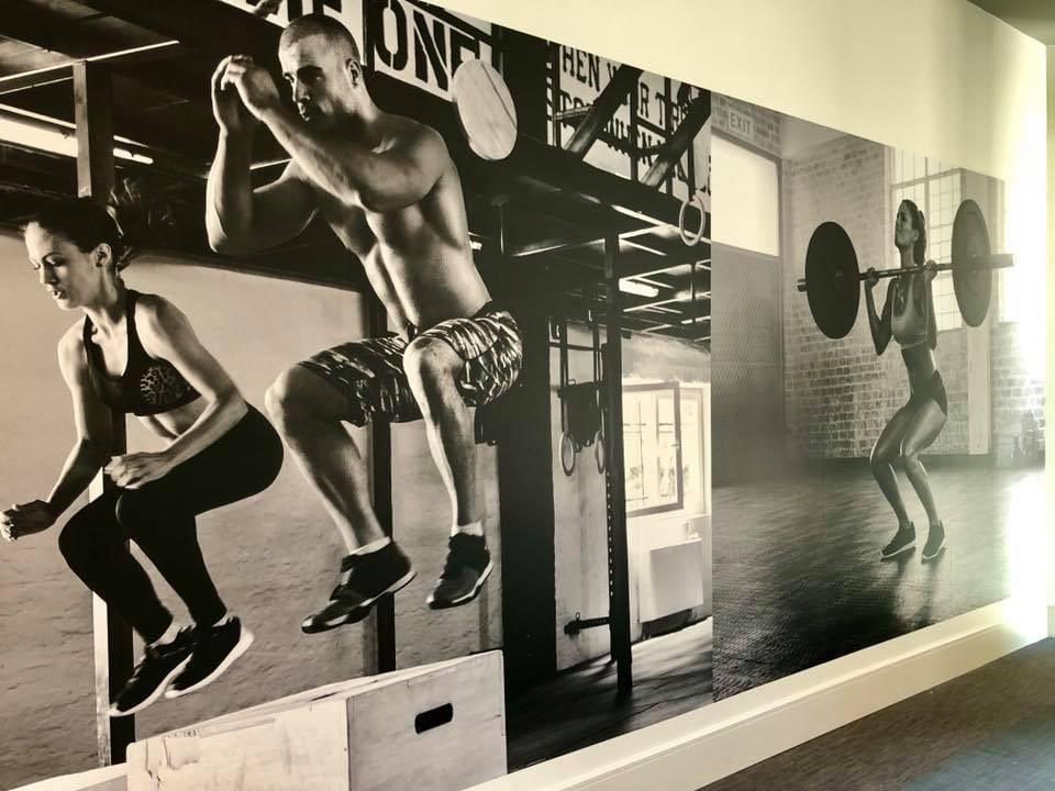 Gym wall Graphics banner showing members working out by jumping on boxes and lifting a bar with 45lb plates