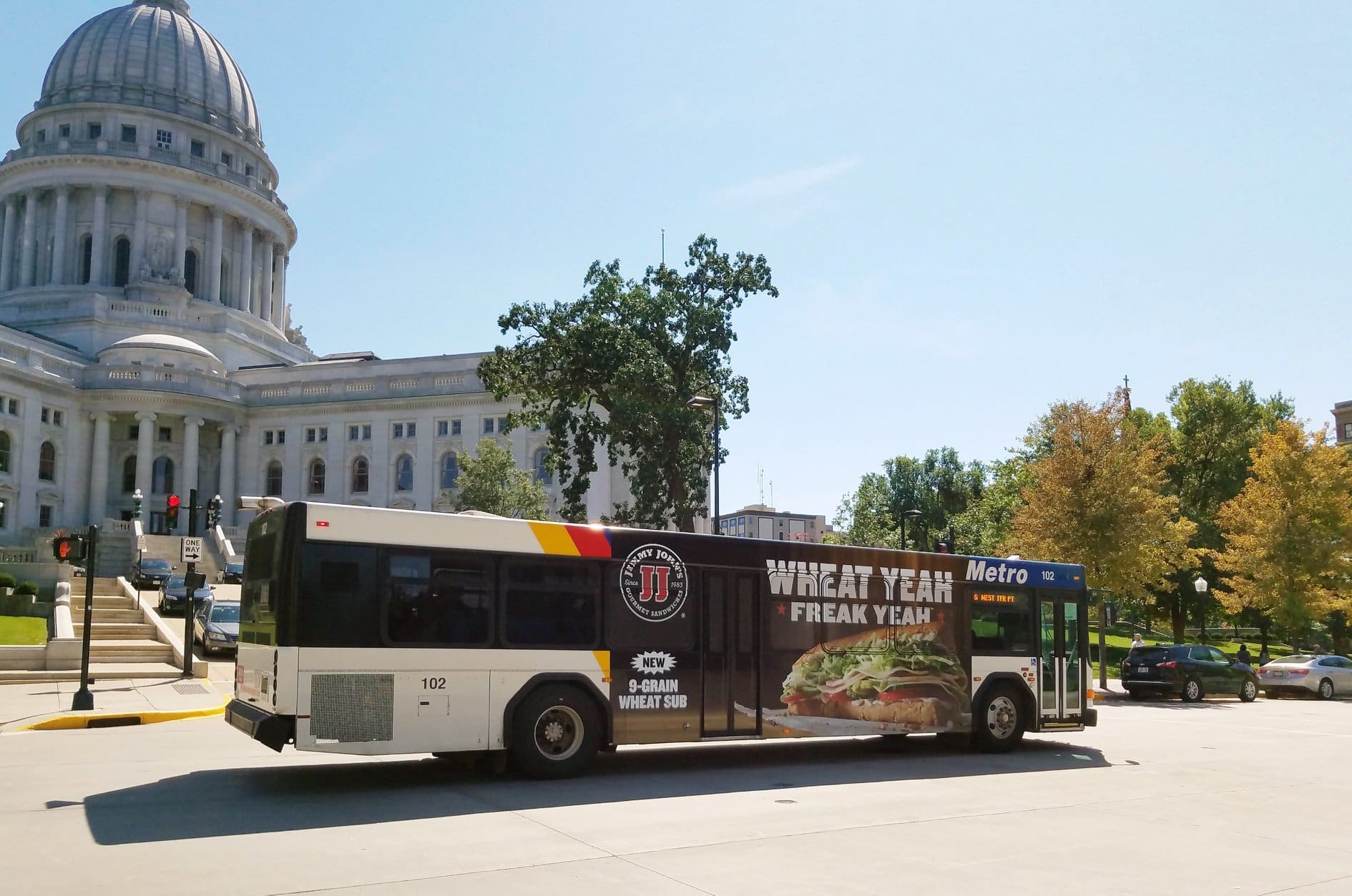 Wheat Yeah Freak on Bus Fleet Graphics promoting Jimmy Johns sandwich shop