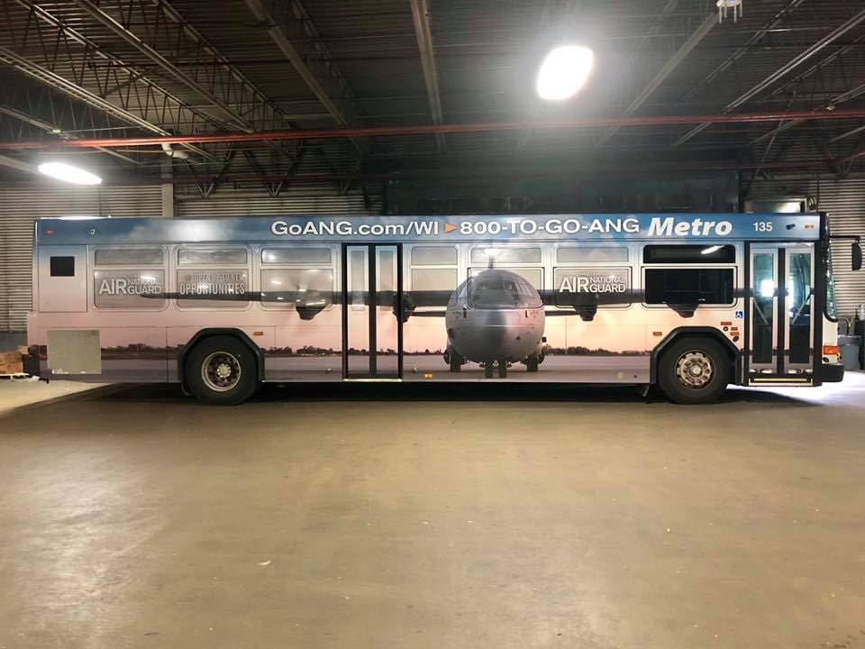 Air Craft Wrap On Bus Fleet Graphics promoting their business on the metro bus