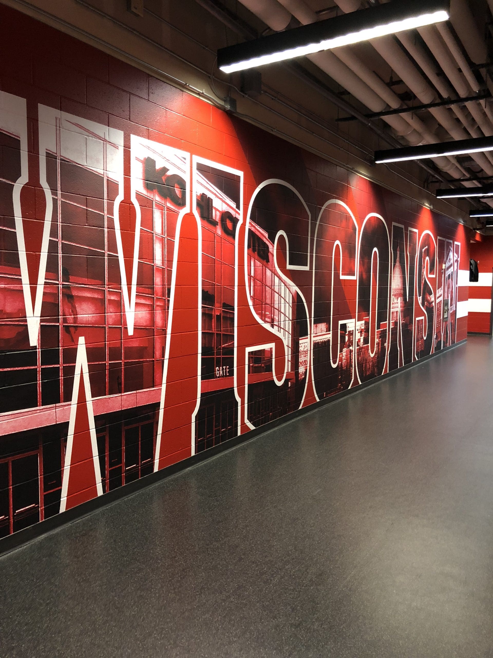 Wisconsin Wall mural of red letters with Kohls Center in the letters