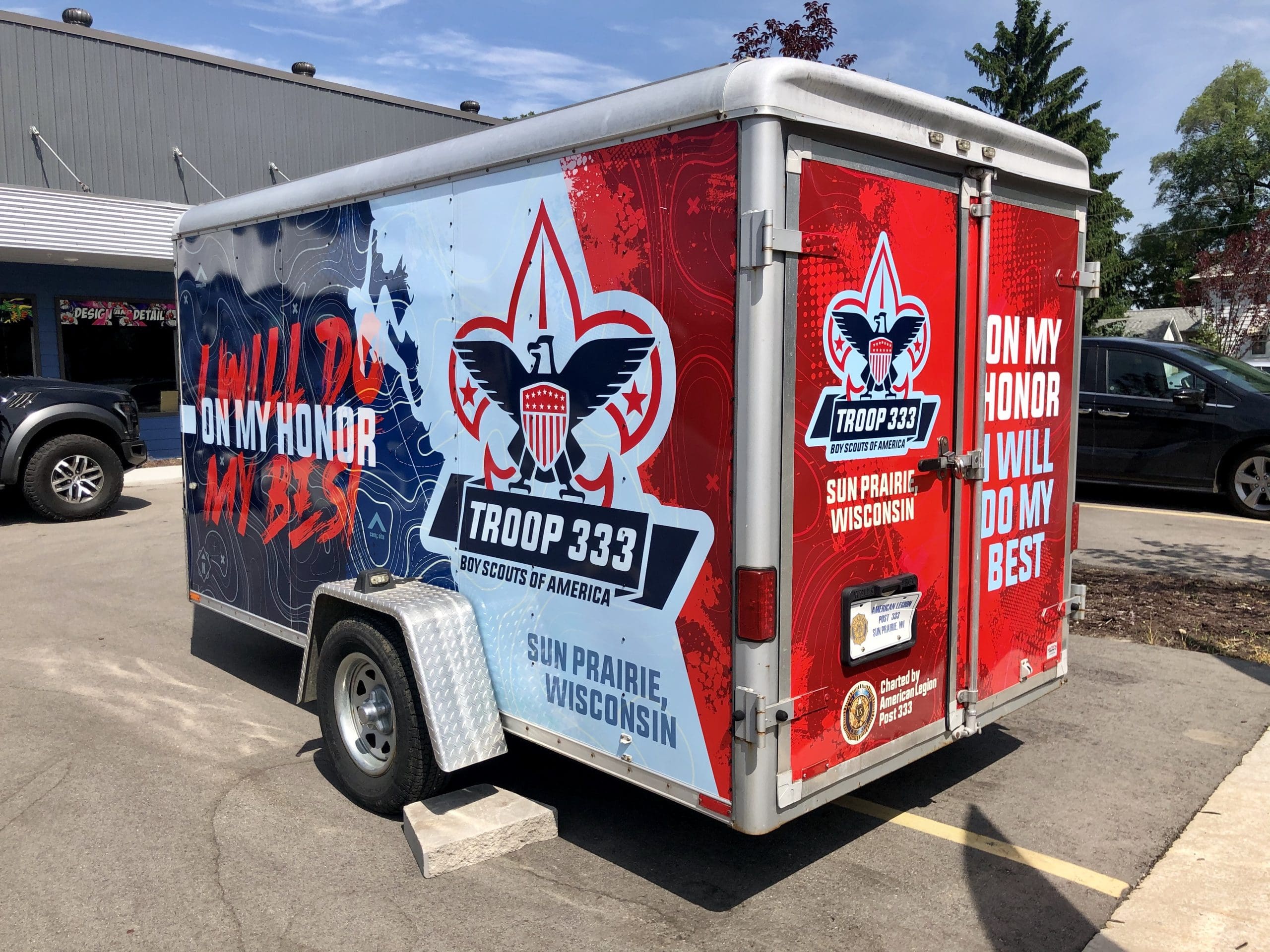 Troop 333 Boy Scouts of America Graphics wrap on a moving trailer