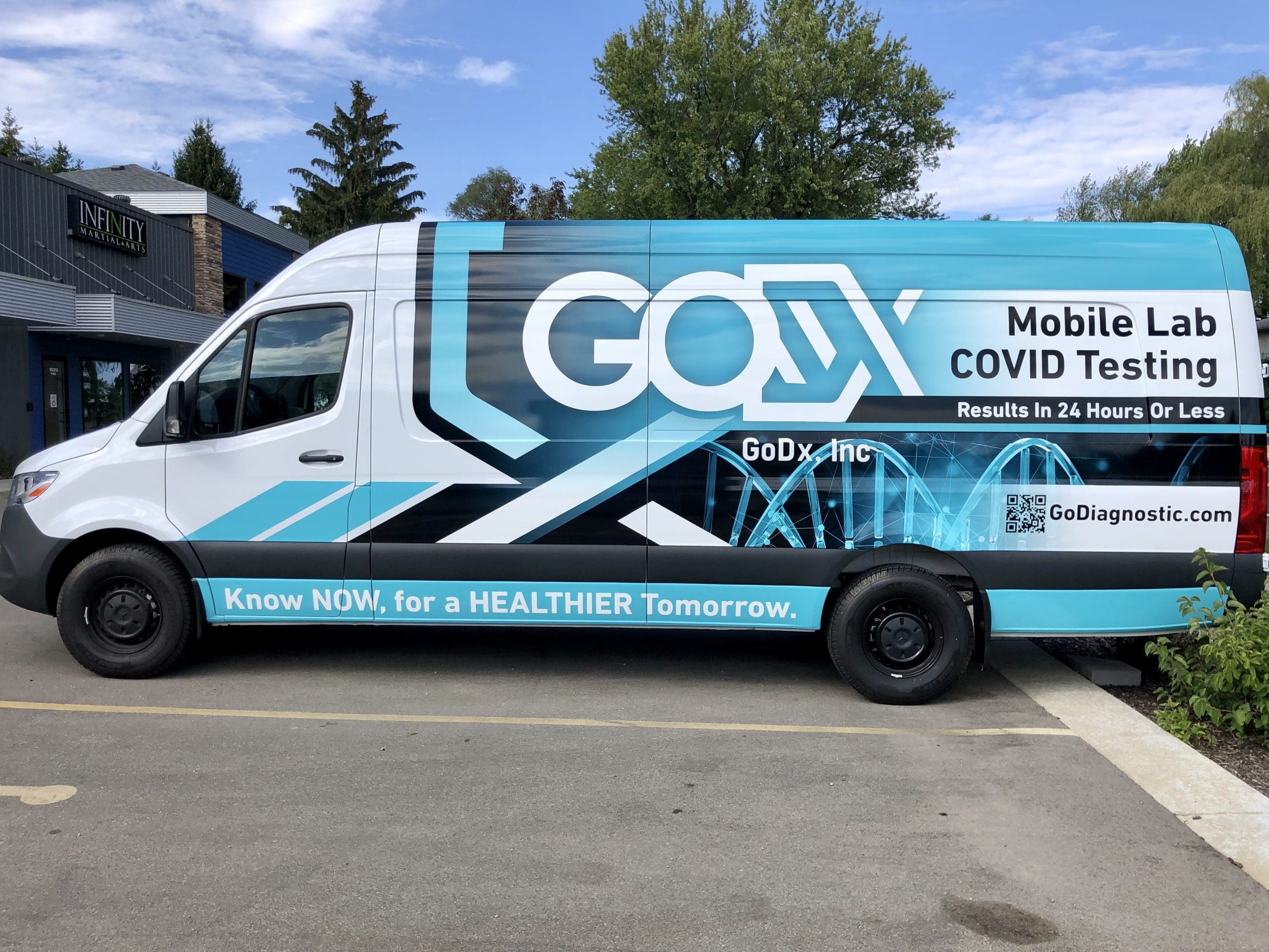 Goex Mobile Lab COVID Testing van with Fleet Graphics Vehicle wrap designed by Madison Graphics Company