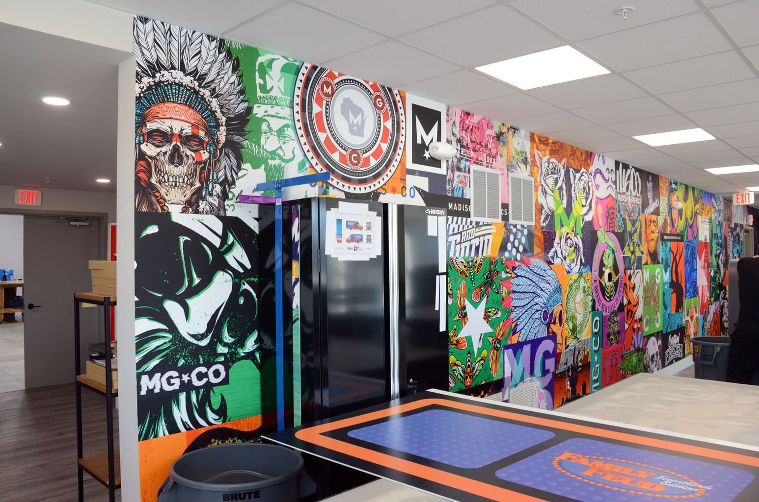 Basement of Madison graphics company with wall mural graphics