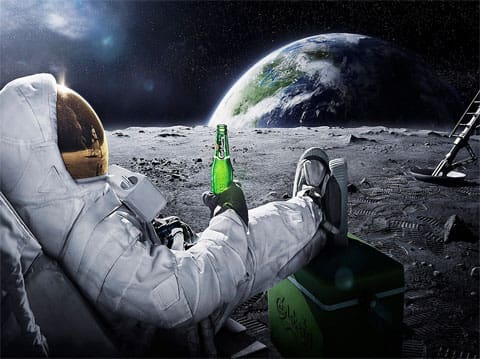 Astronaut sitting on the moon with their feet up on a cooler drinking a beer looking at earth
