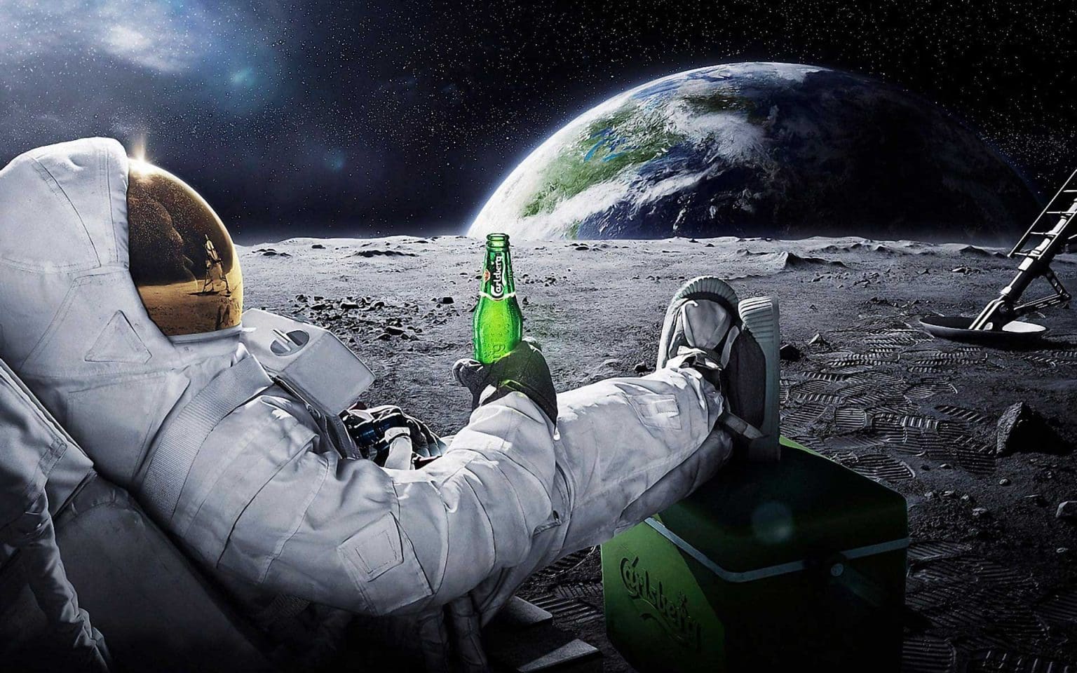 Astronaut sitting on the moon with their feet up on a cooler drinking a beer looking at earth
