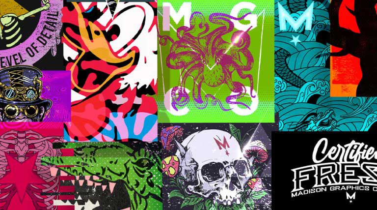 Graffiti style collage of designs like a cartoon duck, purple octopus, and skull with Madison Graphics Company logo