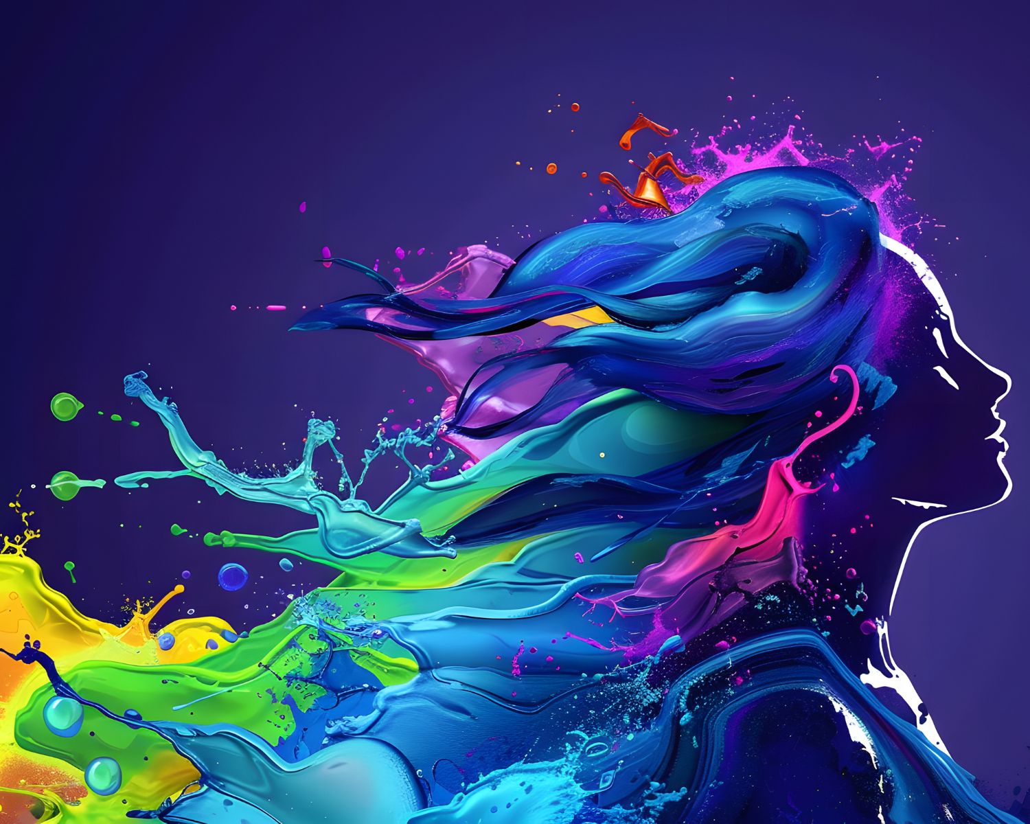 Digital artwork of a woman’s side profile with long flowing hair made of vibrant paint splashes in blue, yellow, green, and purple against a dark background—an inspiring visual to elevate your brand with dynamic creativity.