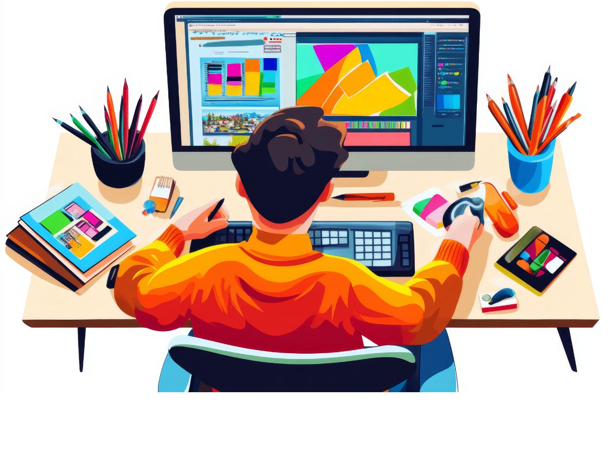 A person sits at a desk using a large computer for graphic design at Madison Graphics Company, surrounded by colorful pens, pencils, notebooks, a mouse, and color swatches, creating vibrant digital artwork on the screen.
