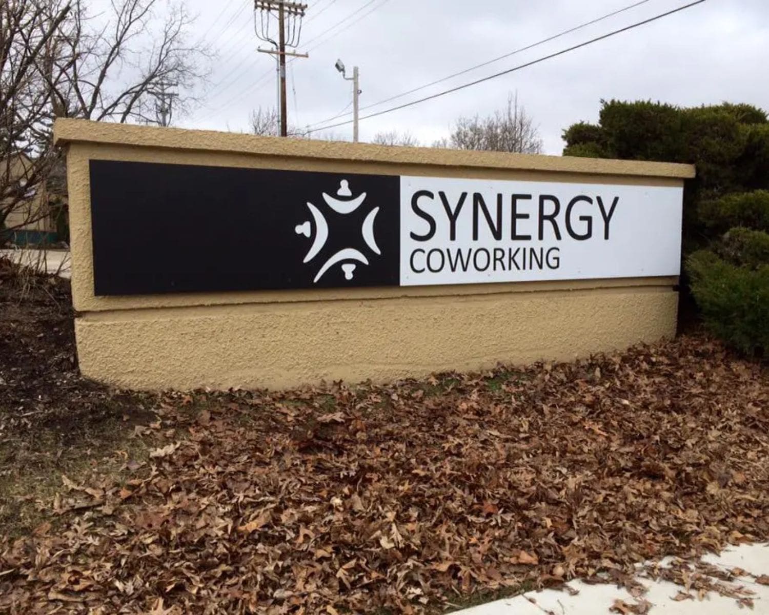 A large outdoor sign reads Synergy Coworking with a logo above fallen brown leaves and bushes, showcasing High-Quality Banners and Signs against a cloudy sky and some bare trees.