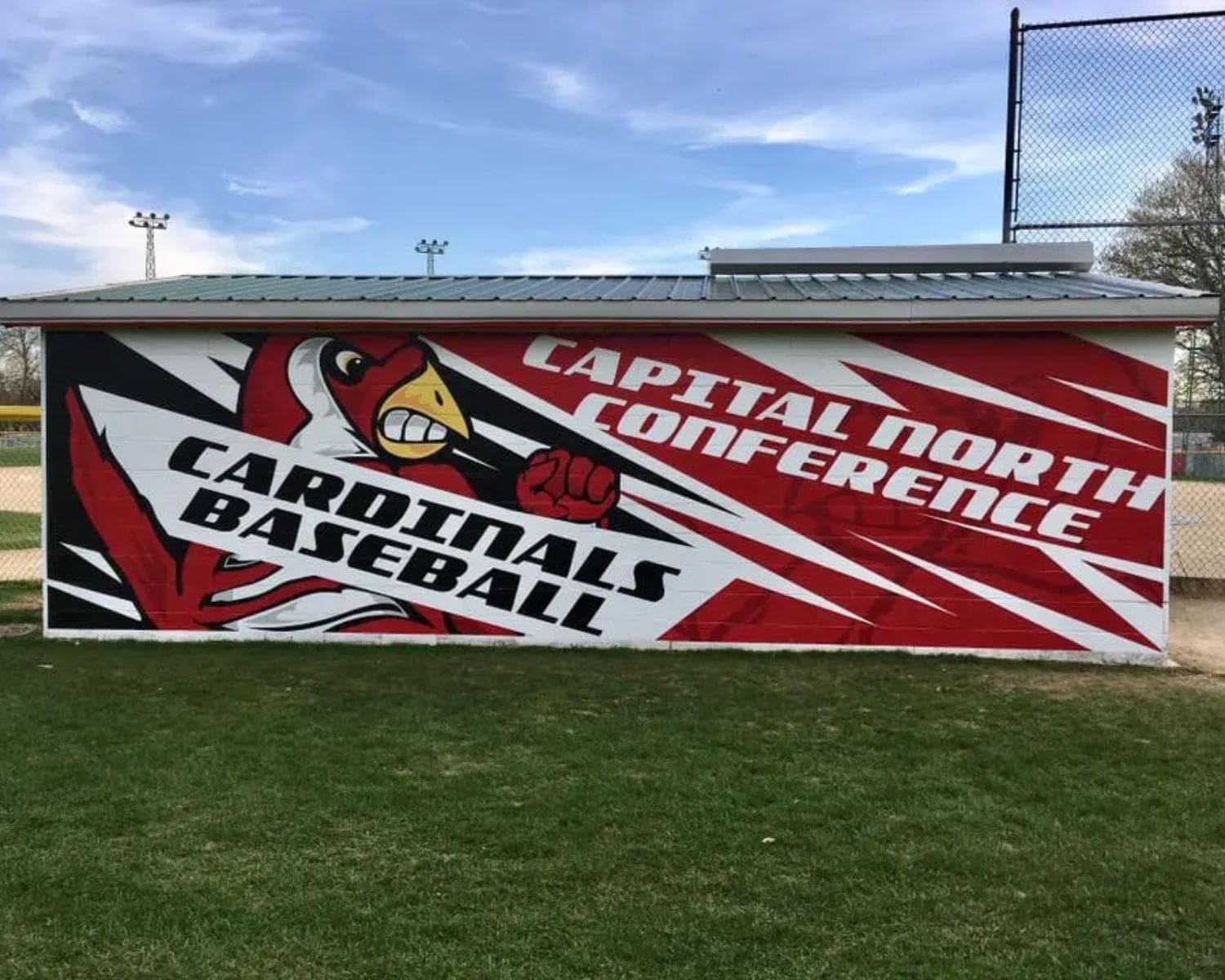 A building wall featuring Wall Murals In Madison showcases a red cardinal mascot, a baseball, and bold text reading Capital North Conference Cardinals Baseball next to a baseball field.
